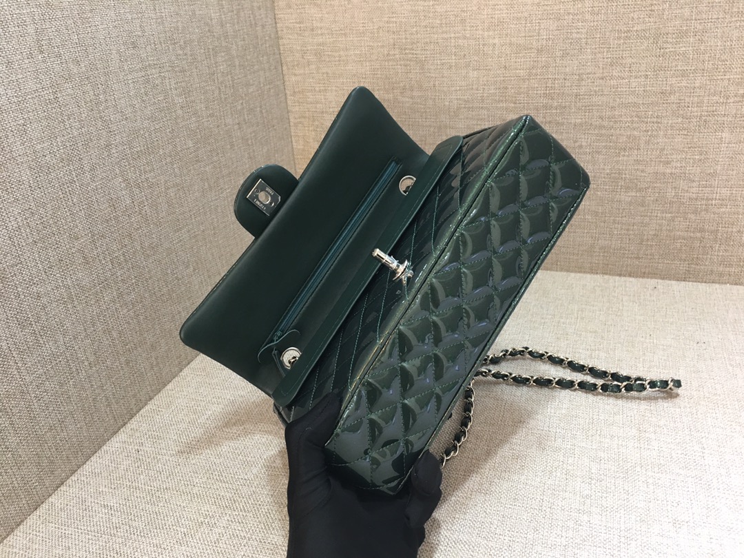 Medium Classic Flap Patent Leather Bag AO1112 Green/Silver